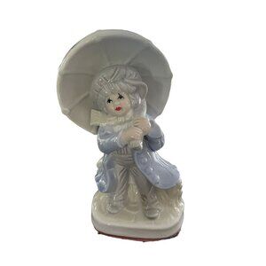 Vtg. Porcelain Figurine "A Rainy Day"‎ Boy With Umbrella  Pale Blue/White 6.5"